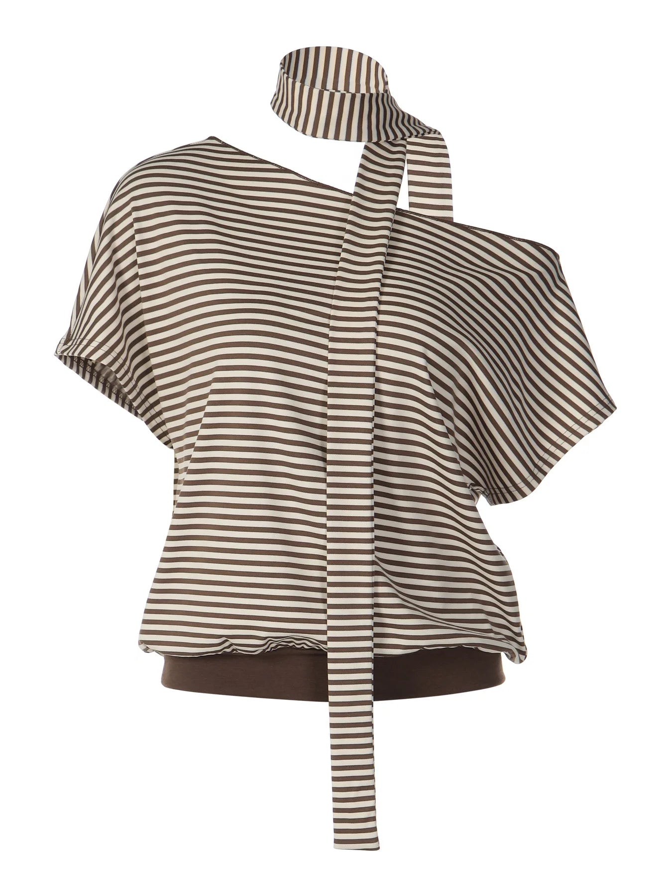 Women T Shirts Brown Striped Asymmetrical One Shoulder Short Sleeve Crop Tops Summer Clothes 2026