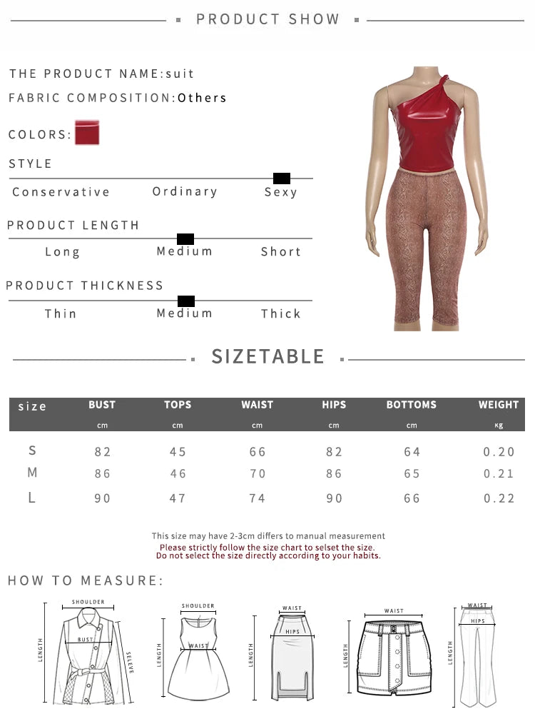 Fashion 2Piece Set Woman PU Leather Skew Collar Backless Tank Tops+Skinny Wrap Hip Crop Pants High Street Style Suit