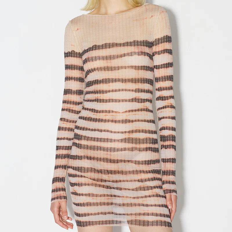 Striped Print Mesh Long Sleeve Dress for Women Y2k Fashion See Through Mini Bodycon Dresses Sexy Club Outfits