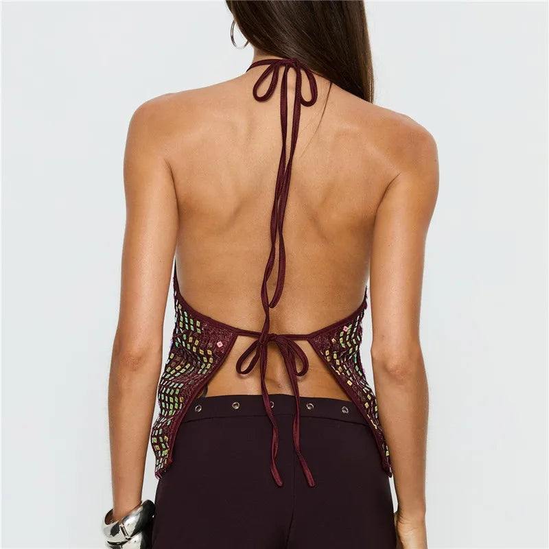 Sexy Sequin Halter Top Women Tie Back Sleeveless Open Back Glitter Crop Top For Clubwear Night Out And Music Festival