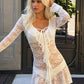 Women Lace Mini Dress Long Flare Sleeve Ruffle V Neck Tie‑Up Sheer Mesh See‑Through Short Party Beach Dress For Women