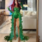 Women Green Leaf Sequin Bodysuit Costume with Tulle Train and Long Gloves Party Carnival Fancy Dress