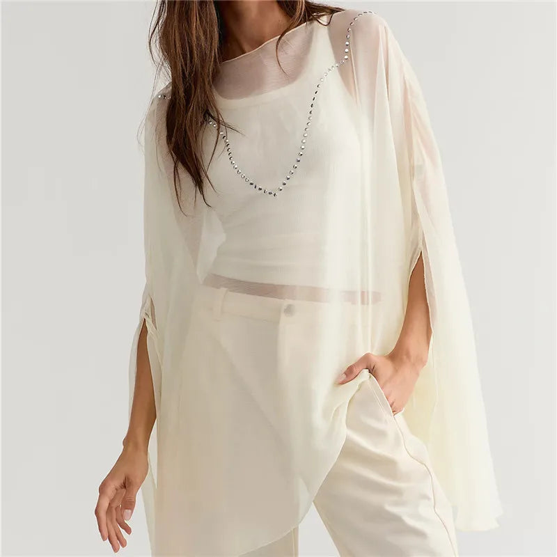 Women Sheer Chiffon Poncho Blouse Rhinestone Beaded Wide Flare Sleeve Loose Oversized Mesh Tunic Beach Cover Up Tops