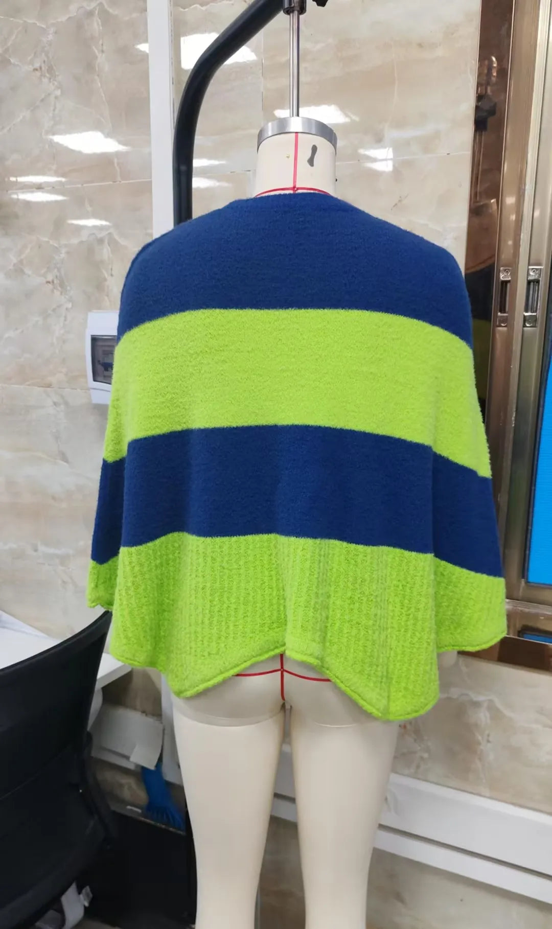 Women Fuzzy Knit Poncho Sweater Round Neck Color Block Striped Cape Fluffy Oversized Pullover Shawl Wrap Winter Cover Up