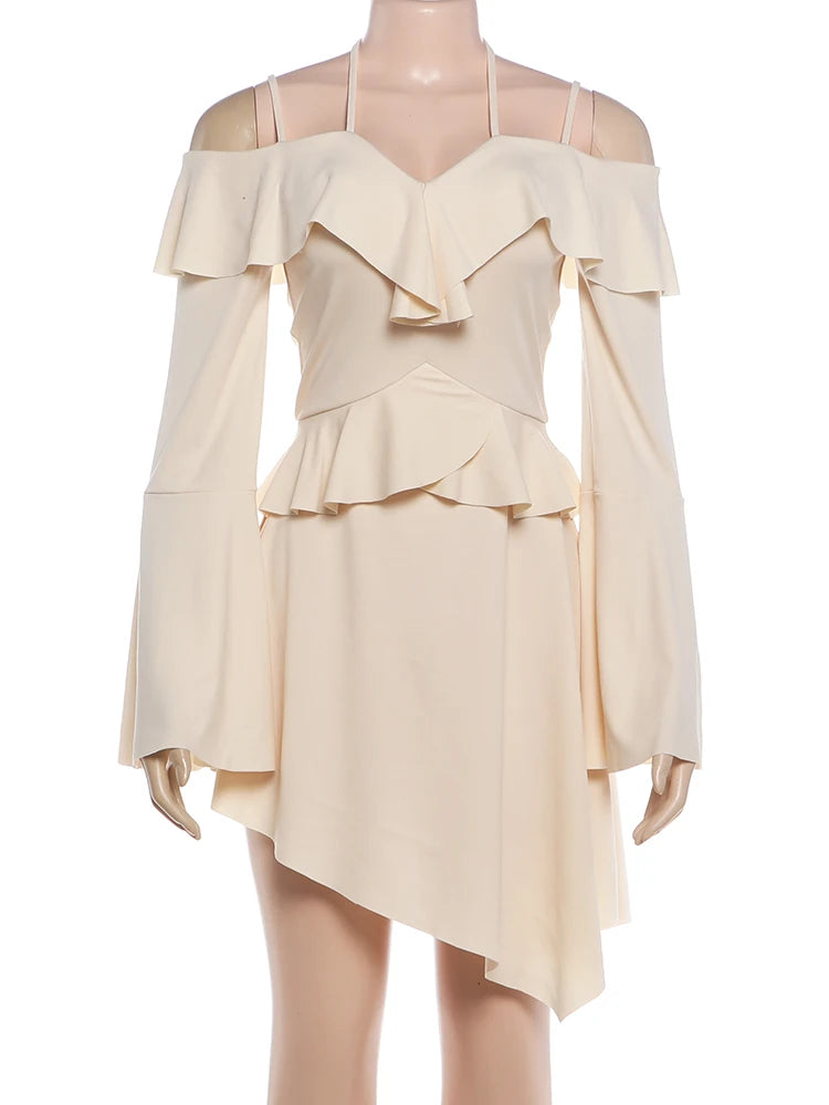 Ruffled Patchwork Dress Women Sexy Simple Slash Neck Bandages Puff Sleeve Irregular Hem Fashion Party Club Bodycon