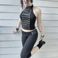 Sexy Button Faux Leather Decoration 2-Piece Set Women o-Neck Vest+Elastic Waist Classic Short Skinny Sexy Streetwear