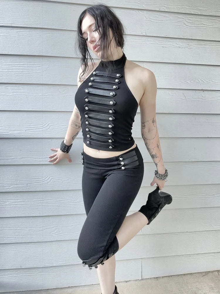 Sexy Button Faux Leather Decoration 2-Piece Set Women o-Neck Vest+Elastic Waist Classic Short Skinny Sexy Streetwear