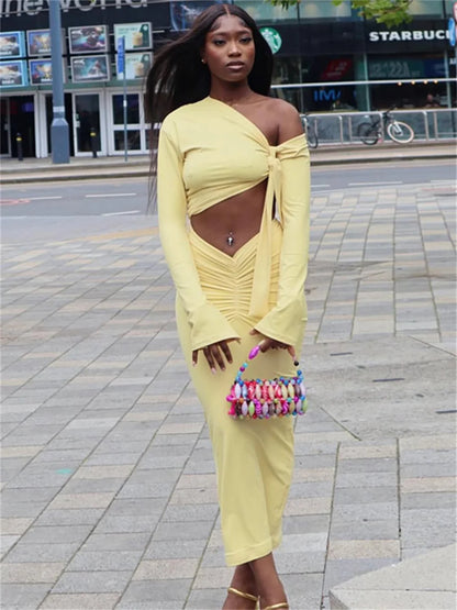 Fashion 2 Piece Set Women Trend Off-Shoulder Skew Collar Full Sleeve Crop Tops+Ruched Skirt Elegant Party Club Suit
