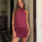 Summer Ladies Halter Sleeveless Blouson Bodycon Mini Dress Tie Back Ruched Slim Short Dress Vacation Party Club Dress