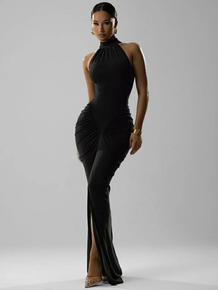 Sleeveless Ruched Split Maxi Dress Black Burgundy Elegant Evening Dresses Woman Sexy Club Outfit for Womens