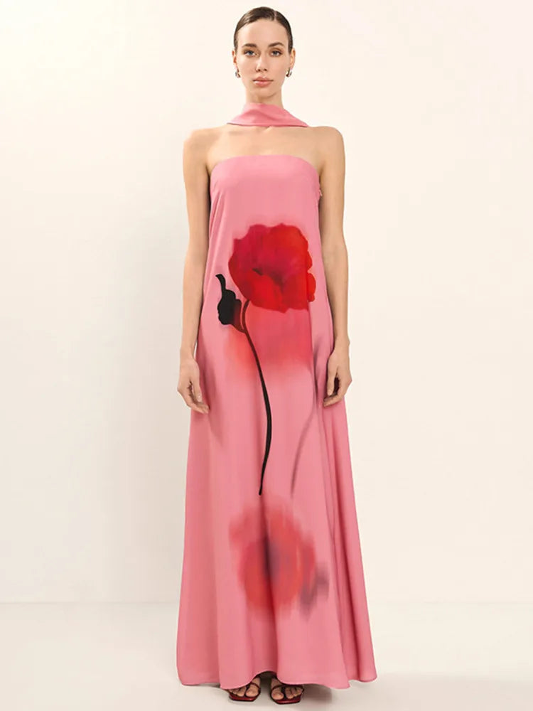 Elegant Print Sexy Maxi Dress Women Gown Fashion Scarf Collar Off-shoulder Sleeveless Backless Club Party Long Dress
