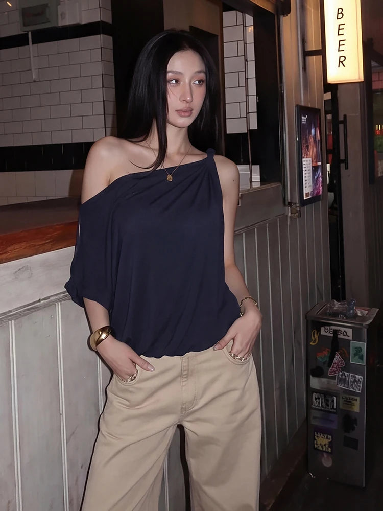 Fashion Off-Shoulder T-Shirt Women Trend Classes Skew Collar One-Sleeve Patchwork Stretch Casuals Street Sport Tess