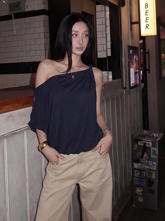 Fashion Off-Shoulder T-Shirt Women Trend Classes Skew Collar One-Sleeve Patchwork Stretch Casuals Street Sport Tess