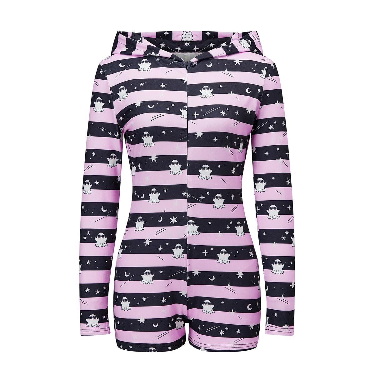 Cute Women Hooded Short Jumpsuit Striped Pumpkin Ghost Print Long Sleeve Zipper V Neck Slim Fit Party Romper