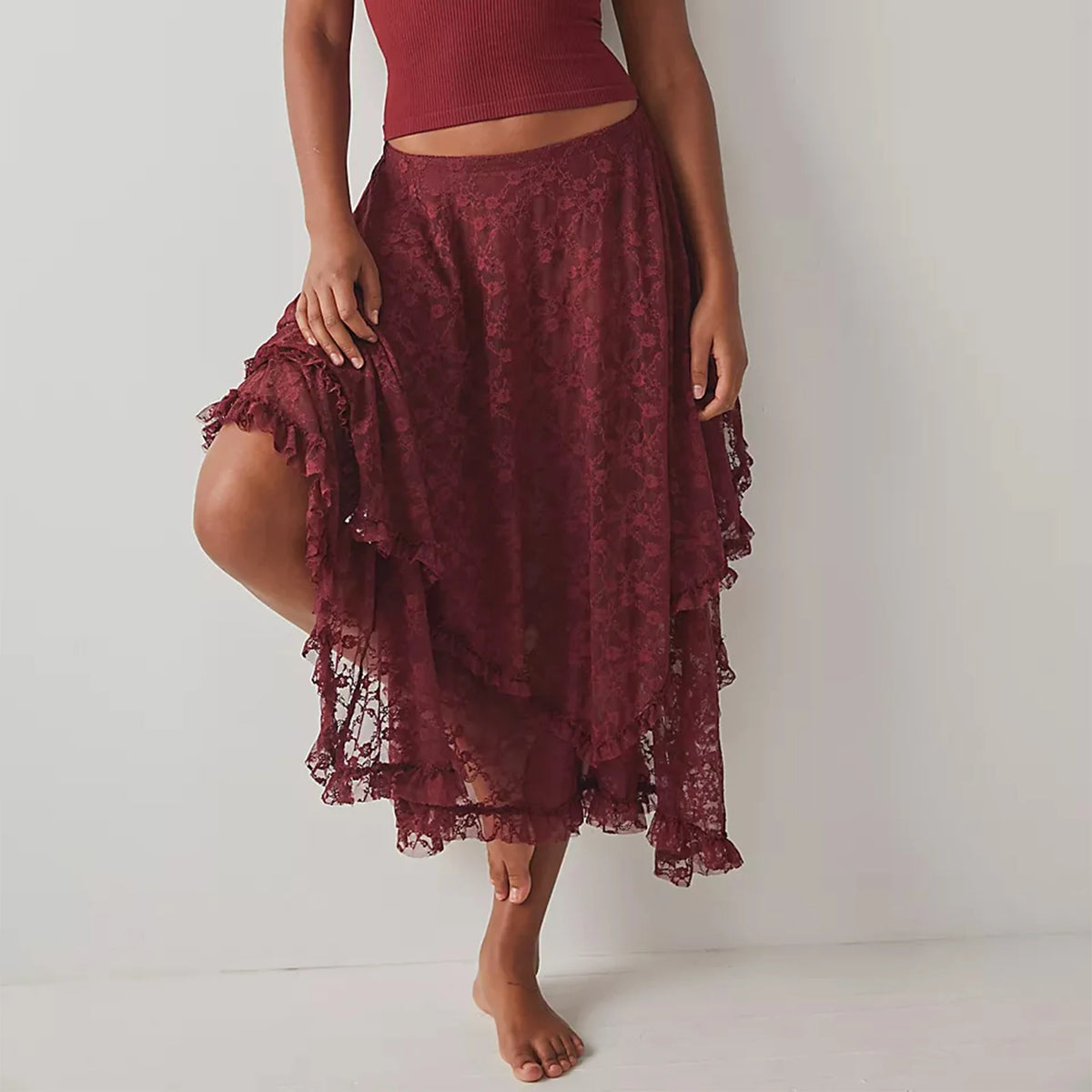 Floral Lace Long Skirt for Women Y2K Elastic Waist Asymmetrical Layered Maxi Skirt Sexy See Through Flowy Beach Skirt
