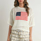 Women's Short Sleeve Crochet Knit Sweater Round Neck American Flag Graphic Pullover Loose Fit Summer Knitwear