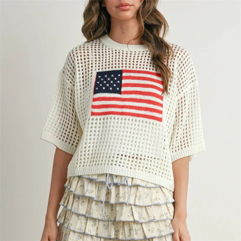 Women's Short Sleeve Crochet Knit Sweater Round Neck American Flag Graphic Pullover Loose Fit Summer Knitwear