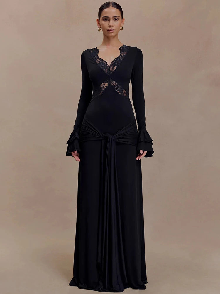 Women V‑Neck Lace Patchwork Sexy Maxi Dress Long Flare Sleeve Bodycon Mermaid Evening Dress  Party Wedding Guest Dress