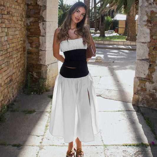 Black and White Patchwork 2 Piece Set Tube Top Slit Long Skirt Coord Sets Women Clothing Classy Elegant Outfit
