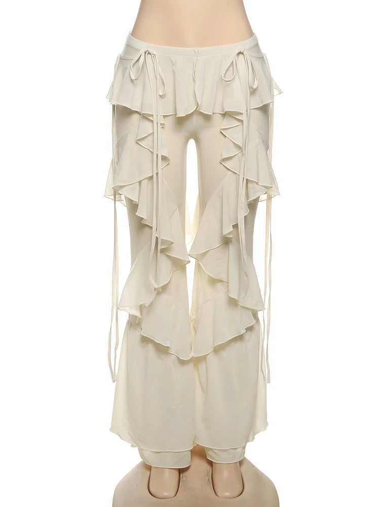 Irregular Tierred Flare Pants Women Y2K Patchwork See Through Summer Hipster Wild Basic Street Trend Classic Trousers