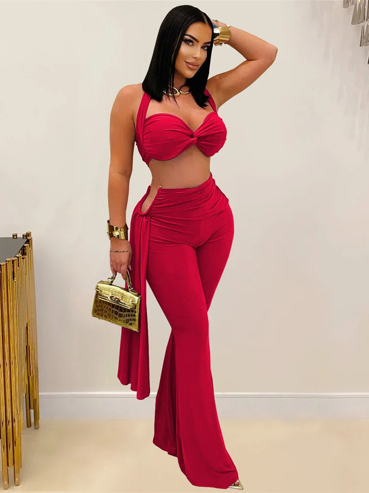 Sexy Chic 2 Piece Set Women Summer Halter Backless Knot Camisole+Metal Ruched Ribbon Flare Pants Matching Outfits