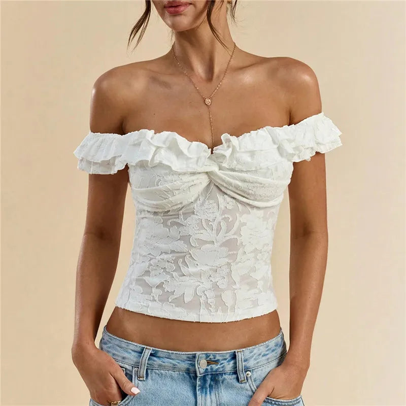 Women Off Shoulder Lace Crop Top Solid Ruffle Trim Floral Embroidery Twist Front Slim Fit Party Clubwear Short Blouse
