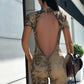 Backless Playsuit Women See Through Shorts Sleeve Peach Buttocks Summer Trend Aesthetic Print Midnight Club Romper