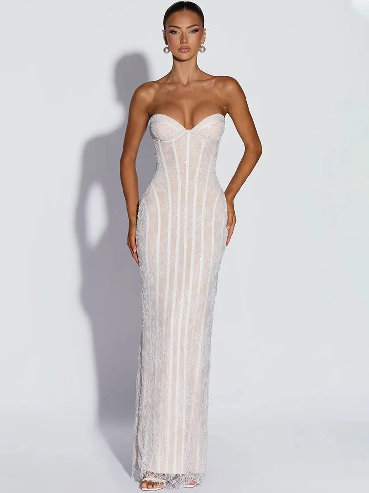 Lace Strapless Mermaid Maxi Dress Women Sweetheart Neck Sheer Mesh Bodycon Long Gown Evening Party Cocktail Vestidos