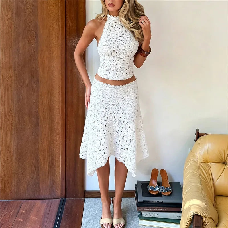 Crochet Lace Two Piece Set Women Halter Crop Top Asymmetrical Midi Skirt Hollow Out Boho Beach Vacation Matching Outfit