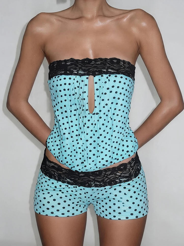 Polka Dot Print 2-Piece Set Women Patchwork Lace Hollow Tank Top+Simple Classic Short Elasticity Sexy Hottie Suit