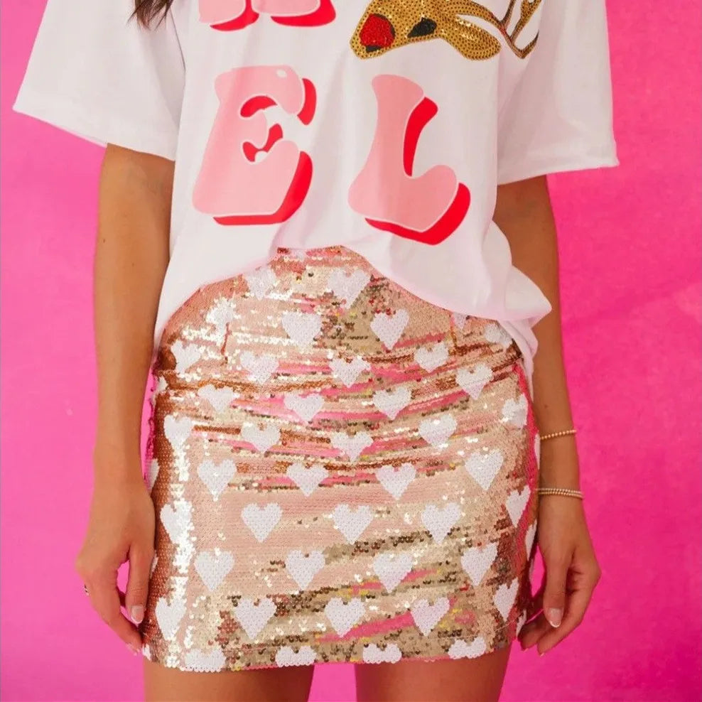 High Waist Sequins Heart Print Summer Skirt Women Y2K Sparkly Festival Mini Skirt Streetwear for Rave Club Party