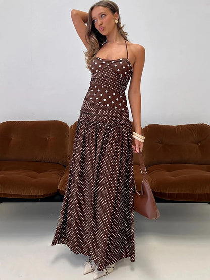 Polka Dot Halter Sexy Maxi Dress Women Gown Elegant Off-shoulder Sleeveless Backless Bodycon Club Party Long Dresses