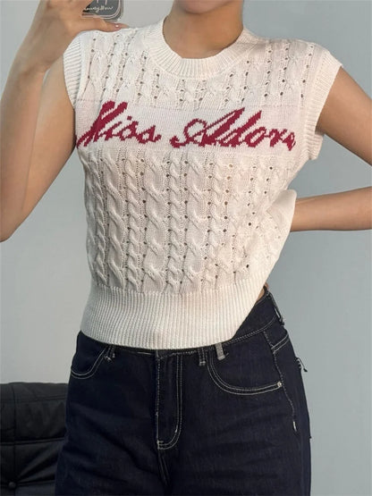 Casual Crochet Tank Tops Women Summer New Trend Letter Embroidery Street Fashion Versatile Y2K Style Simple Outfits