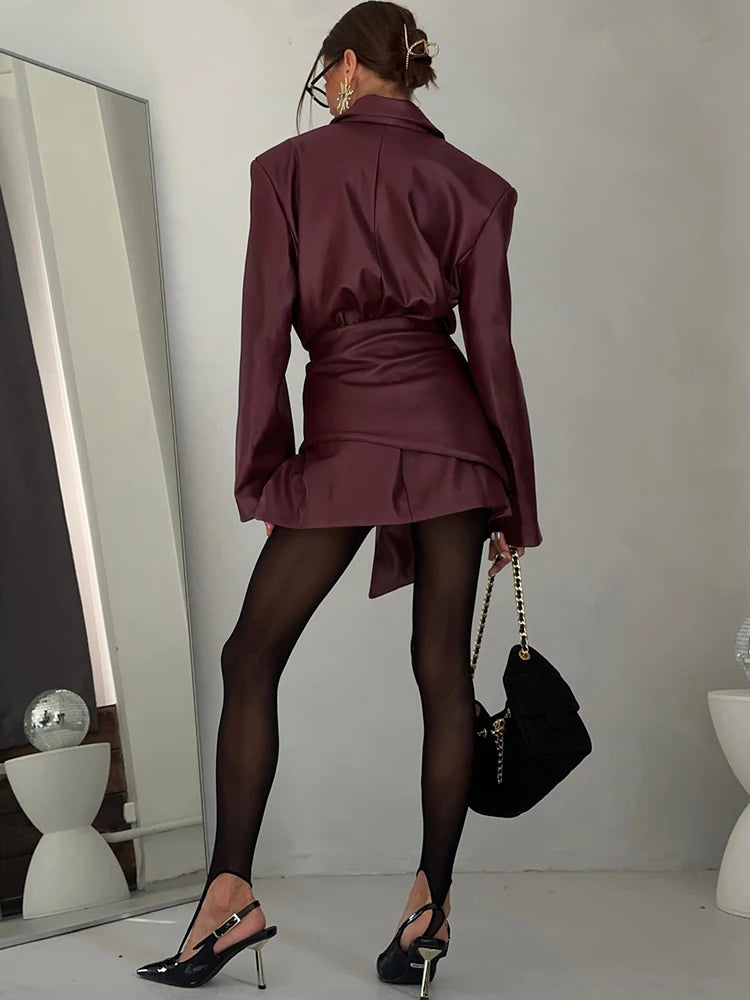 Retro PU Leather 2 Piece Set Woman V-Neck Single Button Full Sleeve Jackets+Irregular Skirts Office Style Elegant Suits