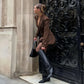 Brown Plunge Puff Hem Blazer Dress Sexy Deep V Neck Long Sleeve Short Dresses for Woman Clothes Fall