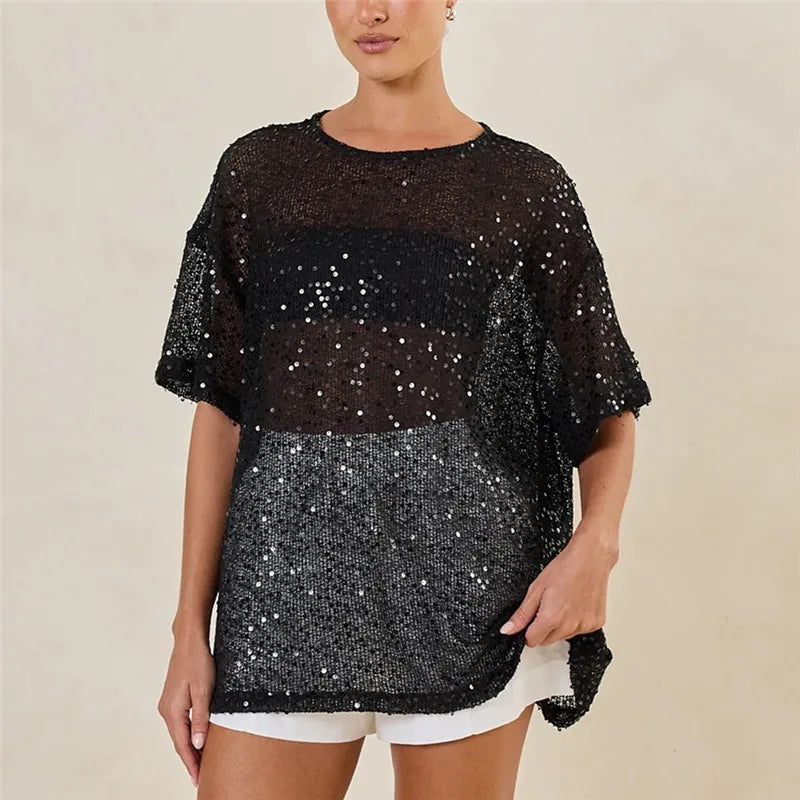 Women's Oversized Sequin Mesh T-Shirt Sheer Knit Half Sleeve Sparkly Blouse Casual Summer Beach Cover Up Top Party Club