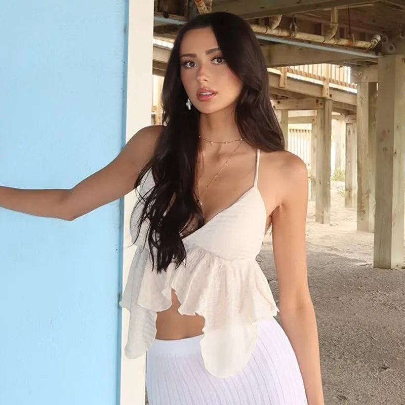 Coquette Tank Tops for Woman V Neck Irregular Hem Backless Crop Top Sexy Summer Camis