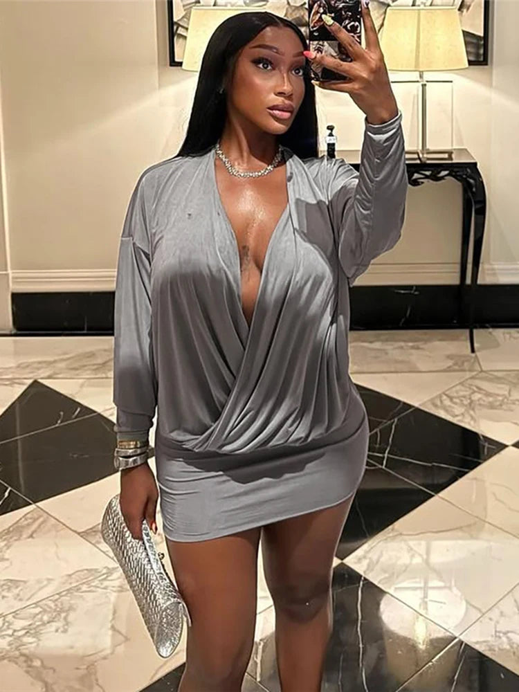 Elegant Deep V-Neck Dress Women Autumn Basic Full Sleeve Stretch Midnight Street Clubwear Party Activity Mini Bodycon