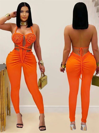 Peach Buttocks Backless Jumpsuit Women Plait Sexy Hollow Halter Bandage Ruched Y2K Party Club Street Workout Overalls