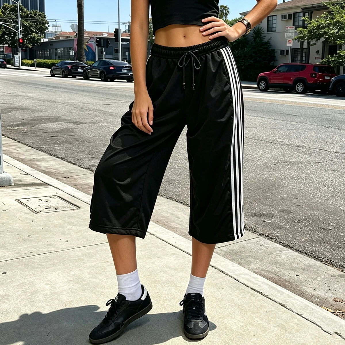 Women Side Stripes Capri Sweatpants Drawstring Elastic Waist Loose Knee Length Casual Sports Cropped Jogger Pants