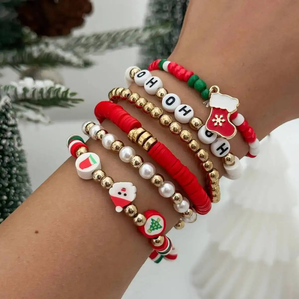 6pcs New Cute Christmas Boots Pendant Bangles Women Boho Imitation Pearl Adjustable Bracelet Jewelry Christmas Gift