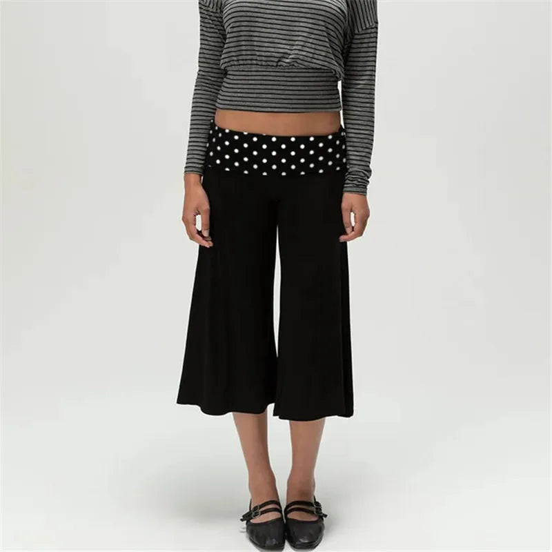 Fold Over Gaucho Pants for Women Flowy Wide Leg Yoga Capris Summer Casual Elastic Low Rise Cropped Palazzo Culottes