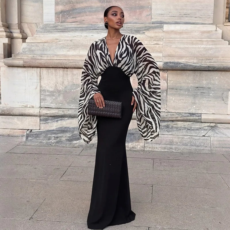 Black and White Zebra-print Flare Sleeve Deep V Neck Maxi Dress Wedding Guest Elegant Evening Dresses 2026