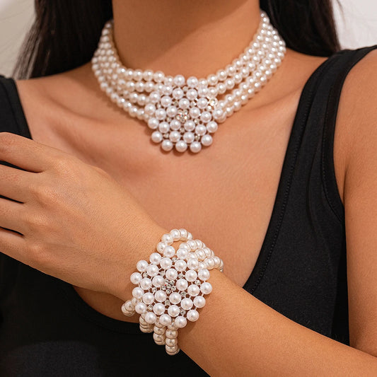 2Pcs Elegant Multilayer Imitation Pearl Chain Necklace Bracelet Women Wed Bridal Flower Choker Aesthetic Jewelry Set