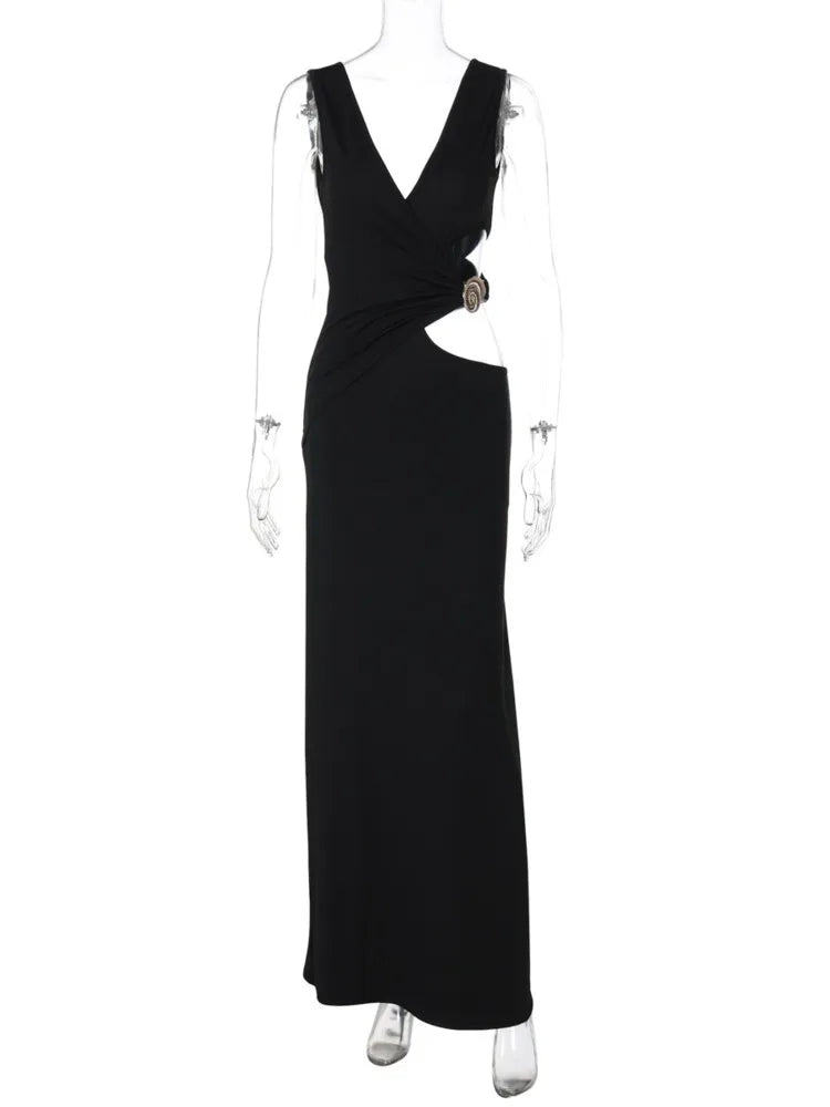 Hollow Out Backless Sexy Maxi Dress Women Gown Fashion Metal Flower V Neck Sleeveless Bodycon Club Party Long Dress