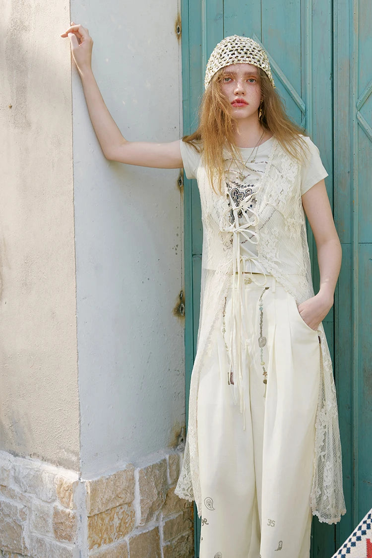 Women's Sheer Floral Lace Long Vest, V Neck Front Tie Sleeveless Long Outerwear, Scalloped Hem Layering