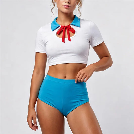 Women Schoolgirl Cosplay Two Piece Outfit Lapel Bow Keyhole Crop Top High Waist Shorts Role Play Lingerie Set
