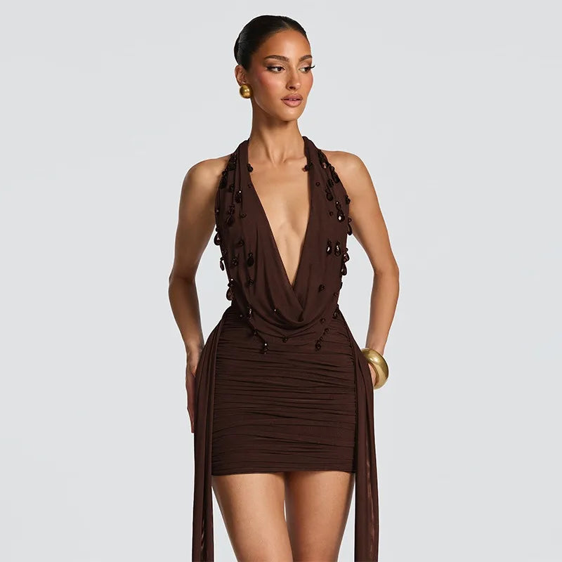 Embellished Cowl Neck Ruched Bodycon Mini Dress for Birthday Party Sexy Evening Dresses Woman 2026