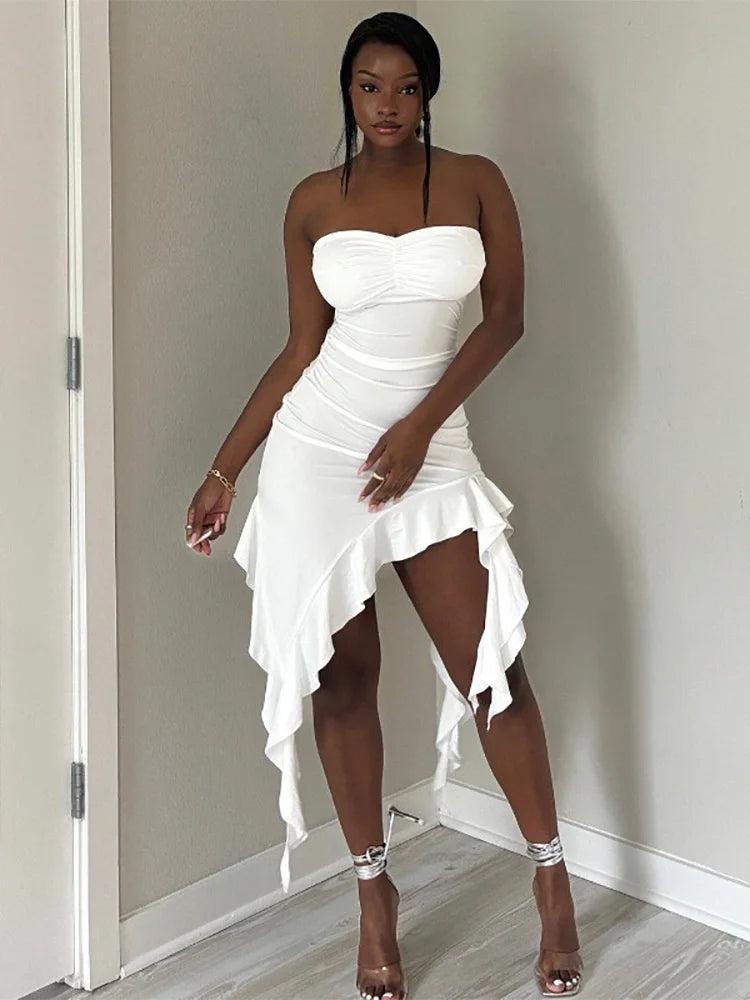 Sexy Ruffles Dress Women Summer Starpless Irregular Patchwork Iregular Tassel Hem Holidays Stretch Peach Hip Bodycon