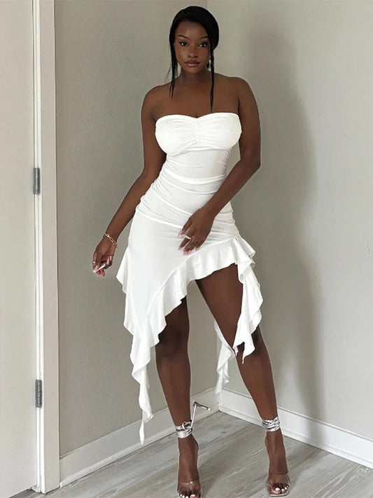 Sexy Ruffles Dress Women Summer Starpless Irregular Patchwork Iregular Tassel Hem Holidays Stretch Peach Hip Bodycon